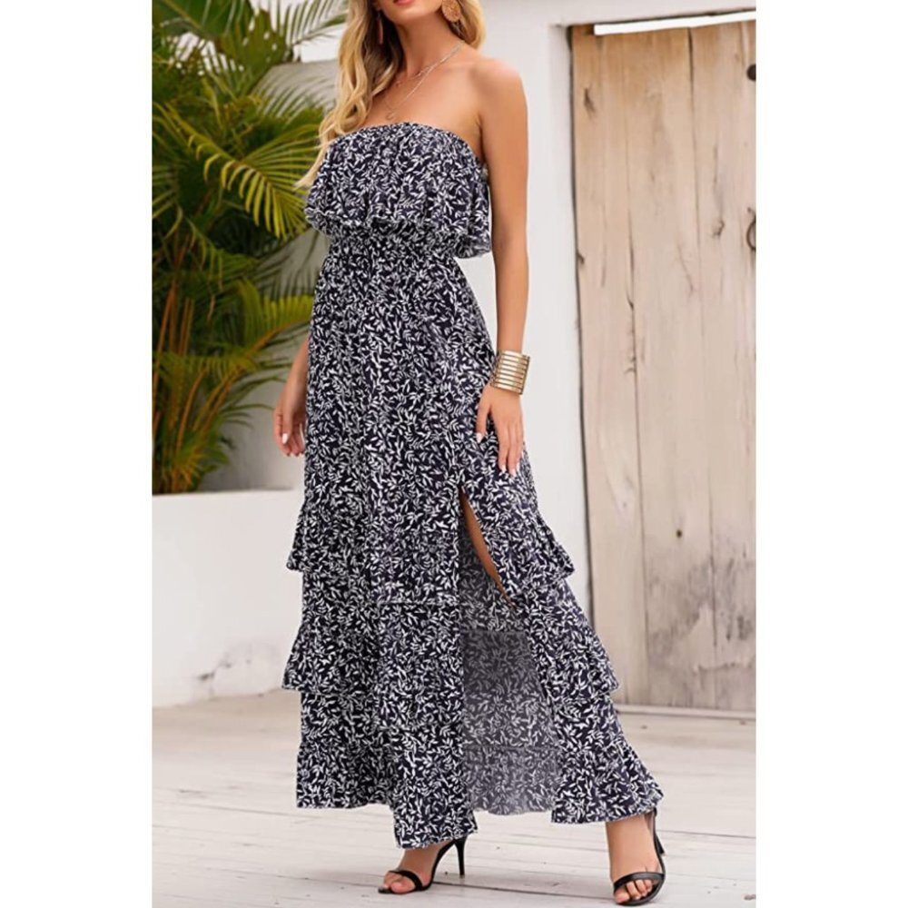 Boho Printed Tiered Ruffle Strapless Layered Flowy‎ Long Summer Maxi Dress